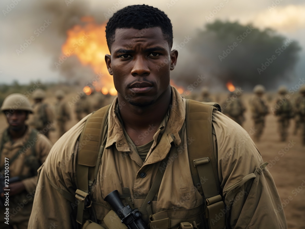 Fototapeta premium Bravery Beyond Borders: Black Military Man on the Frontlines
