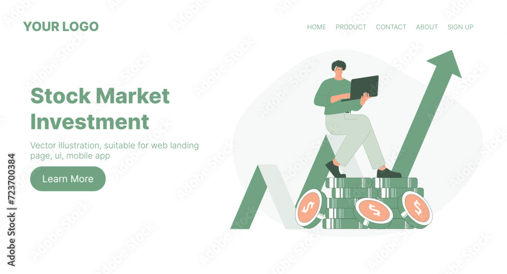 Stock Market Investment. Web Landing Page Design. Flat Cartoon Vector Illustration. Vector illustration, suitable for web landing page, ui, mobile app Stock Market Investment. Web Landing Page Design. Flat Cartoon Vector Illustration. Vector illustration, suitable for web landing page, ui, mobile app