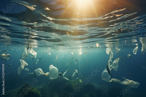 Environmental crisis. plastic waste submerged in the fragile underwater ecosystem © firax