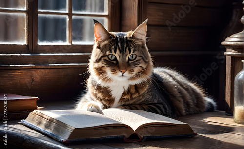 A cute cat reading a book. Generative AI