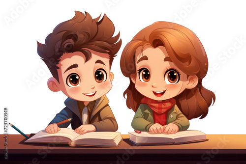 A boy and a girl are sitting at a table and reading a book3 photo