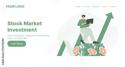 Stock Market Investment. Web Landing Page Design. Flat Cartoon Vector Illustration. Vector illustration, suitable for web landing page, ui, mobile app