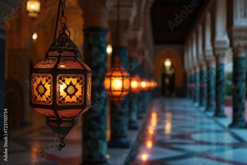 beautifully lit corridor adorned with ornate hanging lanterns © Suhardi