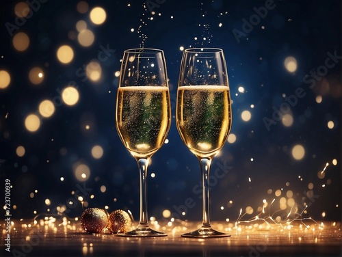 Festive New Year, Anniversary, Birthday background. Two glasses with sparkling wine, confetti stars, golden glossy shiny streamer, party decorations 5