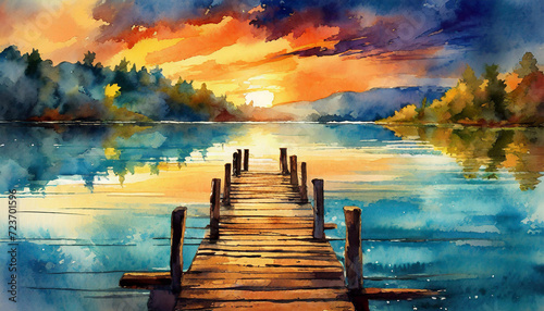 sunset on the lake with wooden jetty, art design