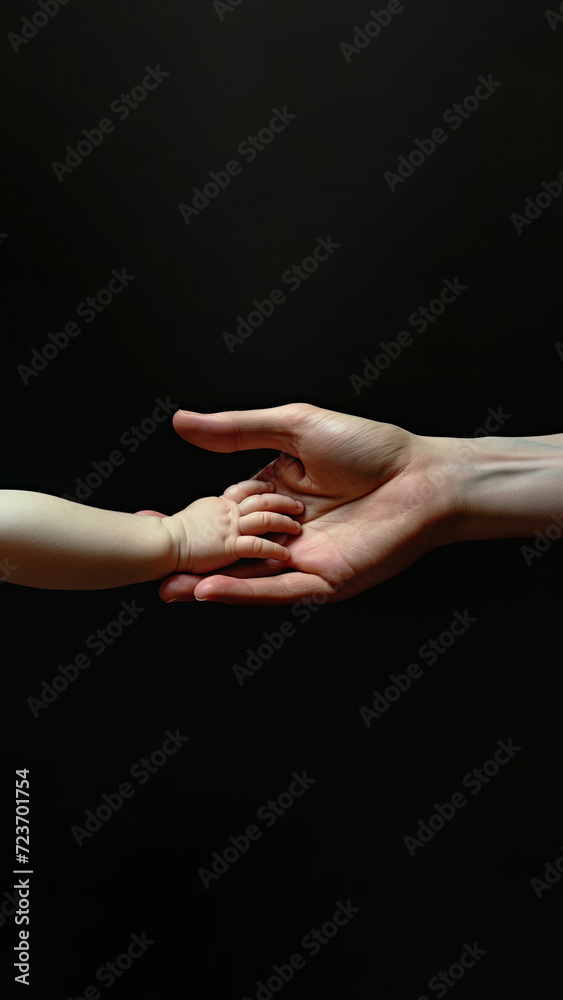 An adult hand holds a newborn's hand on a black background.