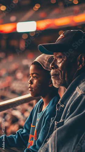 African American Grandfather and Grandson at Baseball Game: Enjoying the Match Together in the Stands, Embracing the Concepts of Game, Sports, and the Joy of Spectating as a Bonding Experience