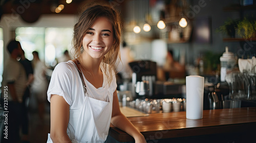 Smiling female bartender or waiter at the counter. photo