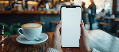 Woman hand holding a mobile phone white blank screen for mockup at coffee shop. Generated AI image photo