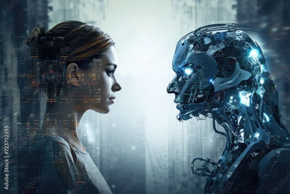 Conceptual image of a woman facing a humanoid robot, representing AI and human interaction. Conceptual image of a woman facing a humanoid robot, representing AI and human interaction.