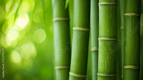 Panoramic photography of bamboo leaves and bamboo close-up background