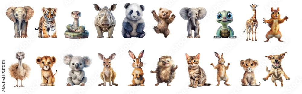 Safari Animal set elephant, tiger, snake. rhinoceros, panda, ostrich, lion, koala, kangaroo, hare in watercolor style. Isolated flat vector illustration - obrazy, fototapety, plakaty 