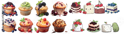 Delicious Assortment of Fruit Topped Muffins and Cakes: Realistic Vector Illustration Perfect for Bakery, Pastry Shop, or Recipe Book Cover