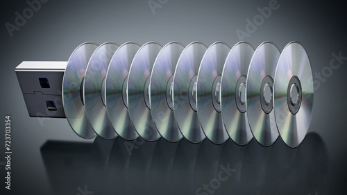 USB pen drive with stacked discs isolated on black background. 3D illustration