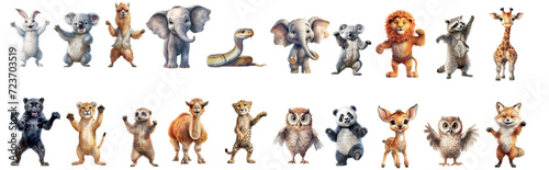 Safari Animal set hare, koala, llama, elephant, snake, panther, cheetah, camel, leopard in watercolor style. Isolated flat vector illustrationanther, cheetah, camel, leopard