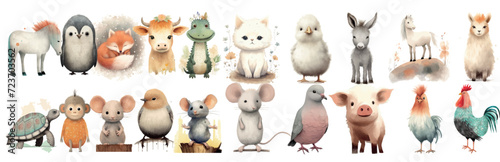 Whimsical Watercolor Collection of Adorable Animals: From Farm to Forest, Showcasing a Variety of Cute Creatures in Soft, Charming Aesthetics