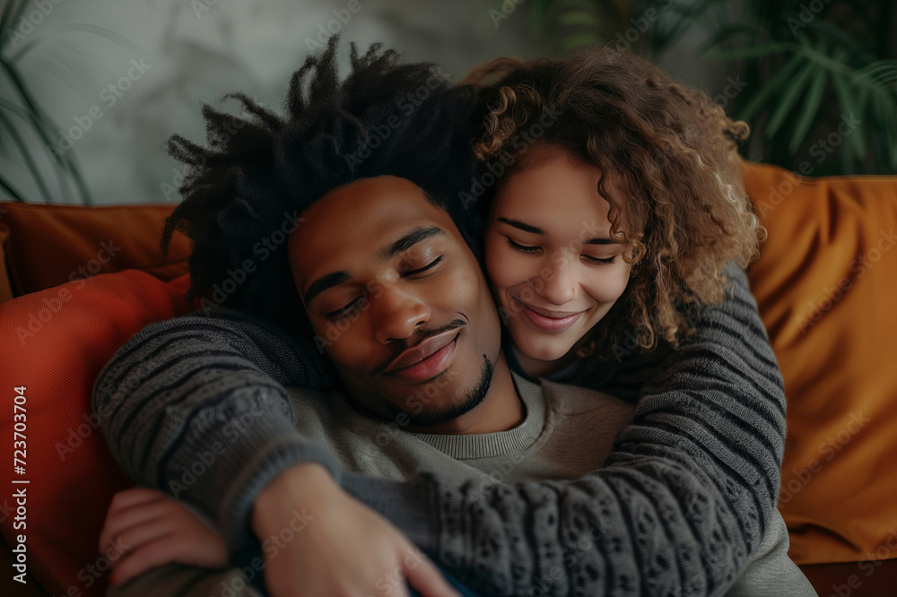 Adult couple in love with afro man and white girl at home on the sofa, family portrait Adult couple in love with afro man and white girl at home on the sofa, family portrait