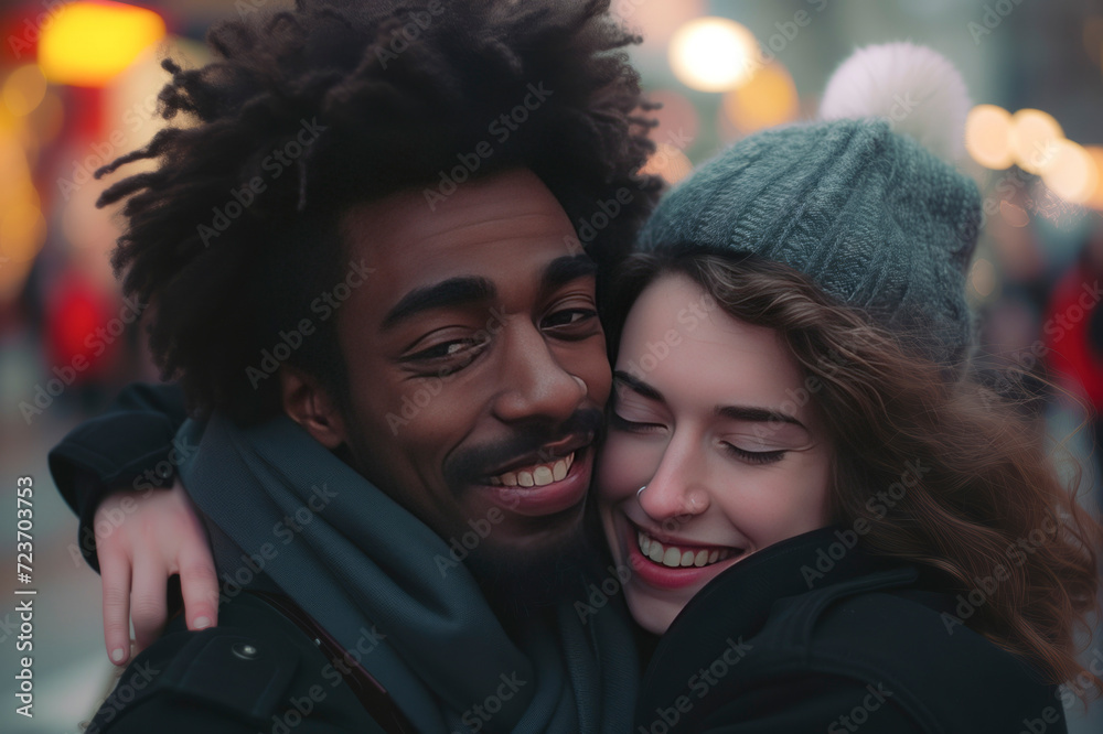 Young couple in love with afro man and white girl hugging on the street