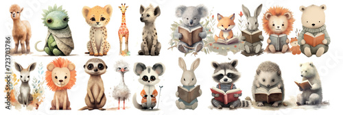 Adorable Illustrated Animals Reading Books: A Collection of Cute and Whimsical Characters Engrossed in Reading, Perfect for Children’s Decor or Educational Materials