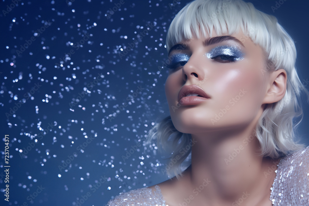 Fashion editorial Concept. Stunning beautiful woman high fashion striking shiny blue glitter shimmer sparkle makeup. illuminated with dynamic composition and dramatic lighting. copy text space
