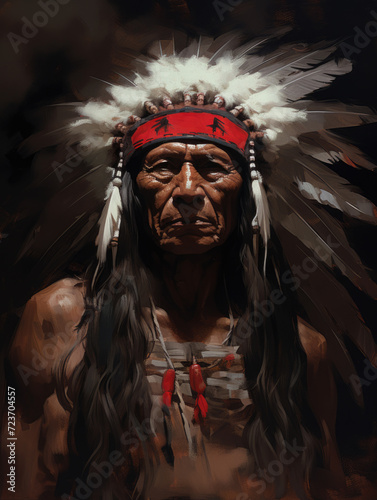 Indian. Native American wearing a feathered headdress. Digital art.