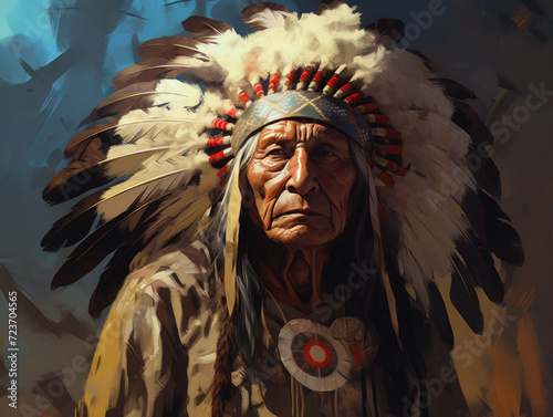 Indian. Native American wearing a feathered headdress. Digital art. photo