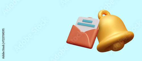 Notification concept in plasticine style. Open envelope with letter, golden bell