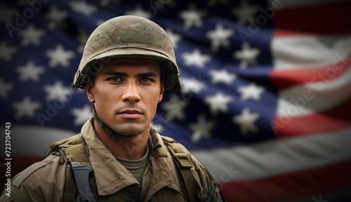 Soldier in front of defocused US flag - Concept: National holidays , American Flag Day, Veterans Day, Memorial Day, Independence Day, Patriot Day.