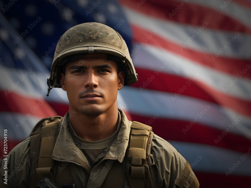 Soldier in front of defocused US flag - Concept: National holidays , American Flag Day, Veterans Day, Memorial Day, Independence Day, Patriot Day. Soldier in front of defocused US flag - Concept: National holidays , American Flag Day, Veterans Day, Memorial Day, Independence Day, Patriot Day.