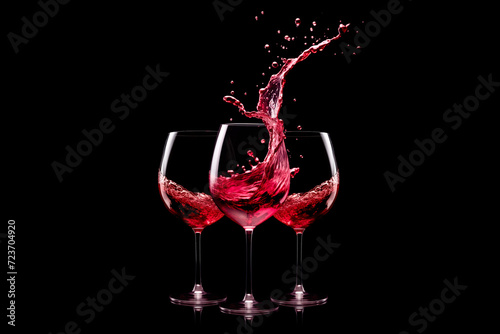 Set of red wine glasses is isolated on black background. Rose wine splashing in glassware.