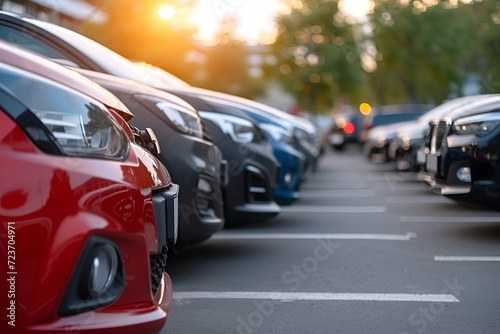 Car parked at outdoor parking lot. Used car for sale and rental service. Car insurance background. Automobile parking area. Car dealership and dealer agent concept. Automotive industry © Varun