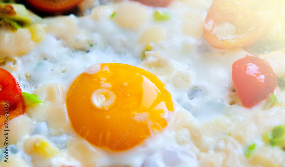 Freshly made scrambled eggs with tomatoes in a pan on sunlight Freshly made scrambled eggs with tomatoes in a pan on sunlight