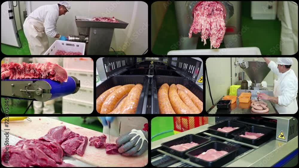 Meat Processing Screen Meatpacking Industry - Multi Screen Video. Fresh Meat Packing Line ...