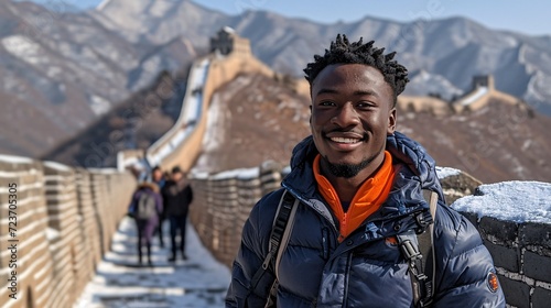 Smiling Man in Orange Jacket Posing for a Picture in Front of the Great Wall of China Generative AI