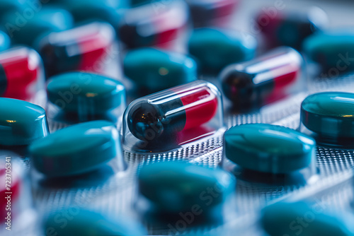 Selective focus blue-green capsule pill and drug tray with red-black capsule. Global healthcare. Antibiotics drug resistance. Antimicrobial capsule pills. Pharmacy background. Pharmaceutical industry