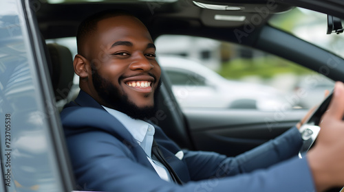 African American black businessman in suit driving new car, smiling happy and showing thumb up, business entrepreneur success concept © BeautyStock