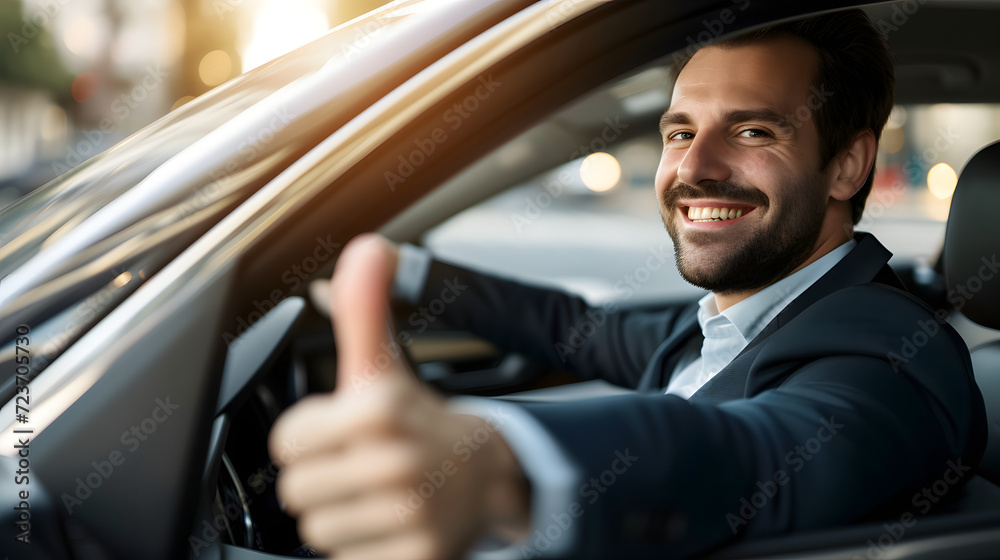 Young businessman in suit driving new car, smiling happy and showing thumb up, business entrepreneur success concept