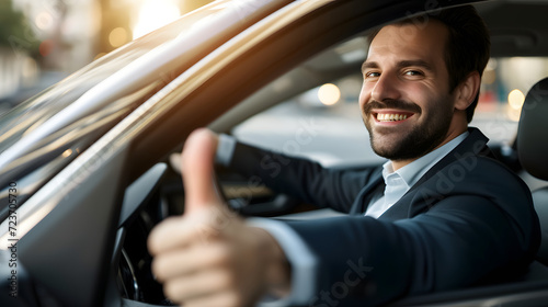 Young businessman in suit driving new car, smiling happy and showing thumb up, business entrepreneur success concept © BeautyStock