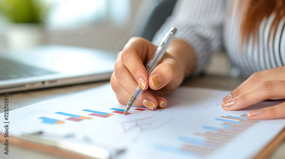 Close up female accountant's hands at desk using chart for financial reporting in office business finance concept. Generative AI illustration Close up female accountant's hands at desk using chart for financial reporting in office business finance concept. Generative AI illustration