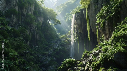 Mystical Green Forest Landscape with Waterfall, Sunrays, and Rocky Terrain in Illustration Style