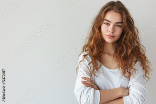 portrait of a woman in white over white background