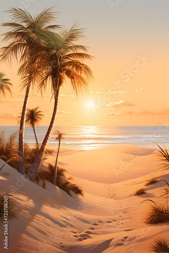 Sunset or sunrise illustration on a sandy beach with palm trees and sunset over the horizon