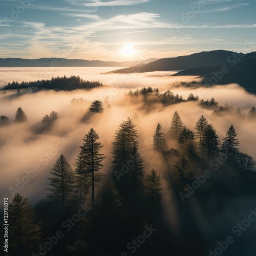 Aerial view of trees shadows on sunrise