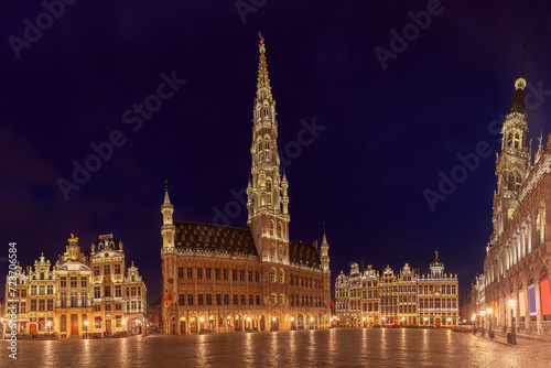 Grand Place Square with Brussels City Hall during morning blue hour in Brussels, Belgium