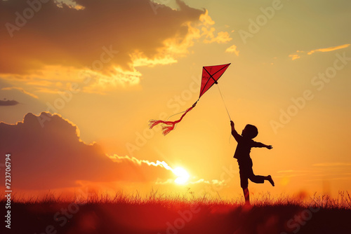 Happy child flying a kite at sunset. AI generative photo