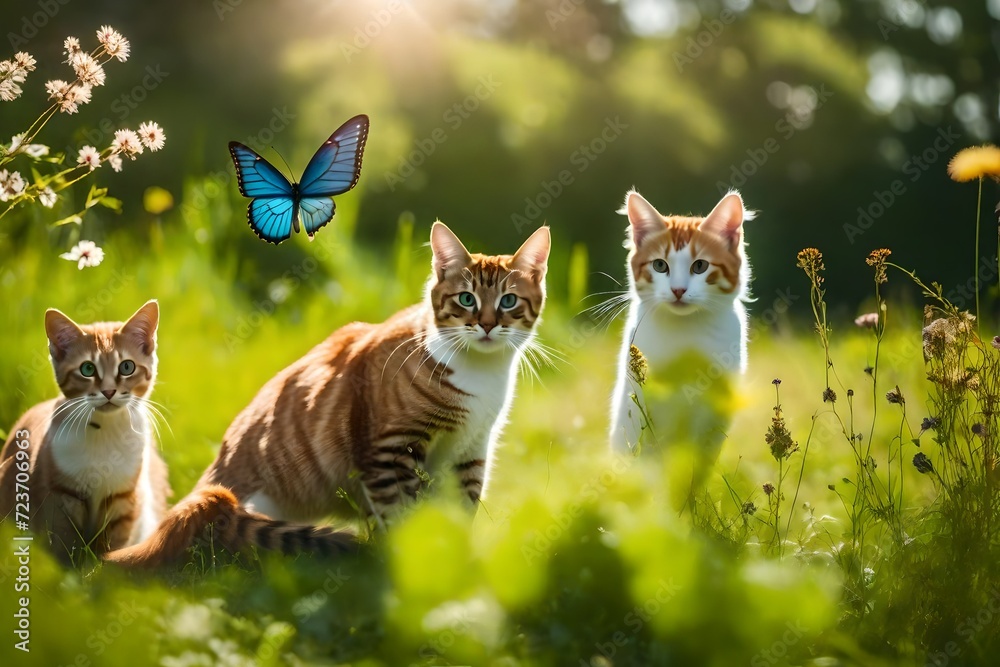 Kitty cats on the meadow, fluffy friends