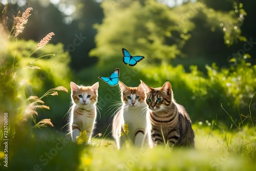 group of cats in the park looking for butterflies, pet funny animals