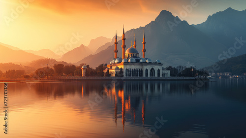 Beautiful mosque surrounded by calm lake water with a backdrop of mountains under the warm rays of the rising sun