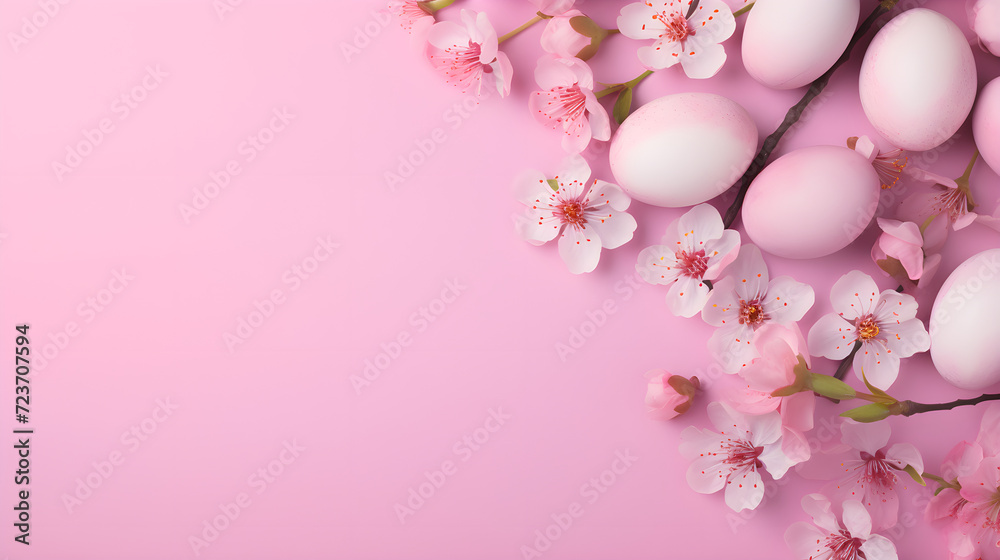 Ester Decor concept. Top view photo of pink easter eggs and cherry sprigs on isolated pastel pink background with empty space in the middle Ester Decor concept. Top view photo of pink easter eggs and cherry sprigs on isolated pastel pink background with empty space in the middle