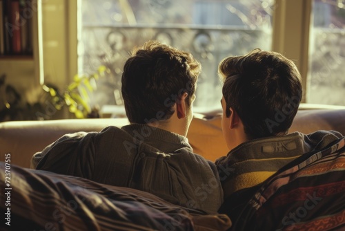 two men sitting and talking on sofa and looking at window on a sunny day